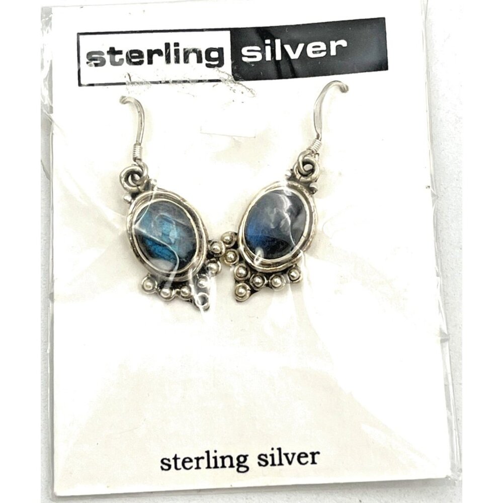 Sterling Silver Bezel Set Labradorite Cabochon Dangle Post Earrings New